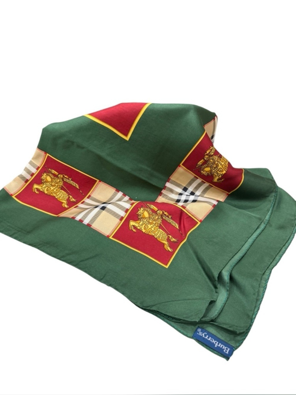 Burberry Green, Red and Gold Crest & Check Silk Scarf
